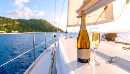 Champagne bottle and glass on a yacht deck at sunset