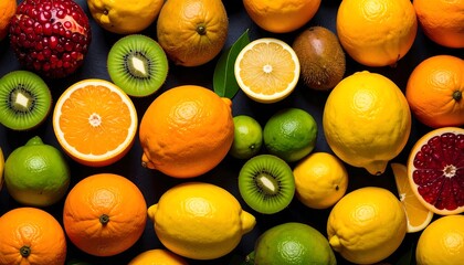 Vibrant citrus fruit assortment featuring oranges, lemons, limes, kiwi, and pomegranate