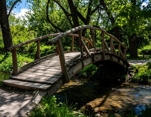 Wooden bridge over a creek in a park