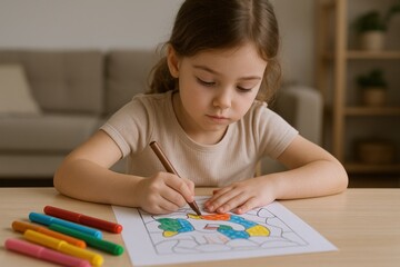 Focused Little Girl Coloring a Picture with Colorful Markers on a Table Indoors