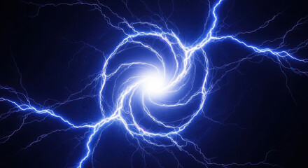 Electric lightning bolt energy burst with swirling center on a dark blue background