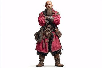 Obraz premium Bald eastern warlord in ornate red robe standing proud with arms crossed wearing traditional warrior attire