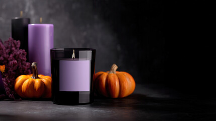 Mockup of candle jar with blank purple label on Halloween theme background with copy space for text, dark purple and orange color tone.