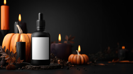 Mockup of black dropping bottle with blank white label on Halloween theme background with copy space for text, dark black and orange color tone.