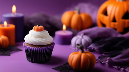 Mockup of cupcake with white frosting on Halloween theme background with copy space for text, dark purple and orange color tone.
