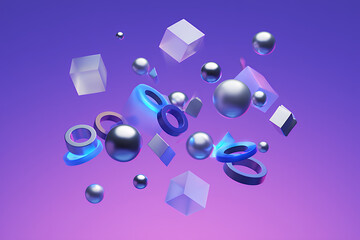An abstract composition of floating 3D geometric shapes, including metallic spheres, glass cubes, and glowing blue rings against a purple gradient.