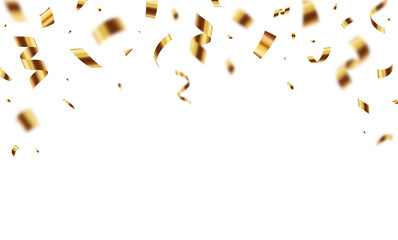 Falling shiny golden confetti isolated on transparent background. Anniversary or birthday party design element.