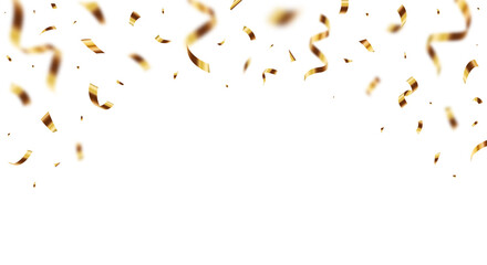 Golden confetti and ribbons falling on transparent background for festive celebration or party