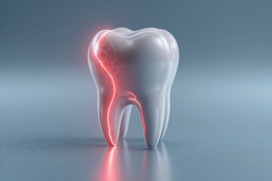 Close-up of a tooth with glowing red lines, representing a dental problem
