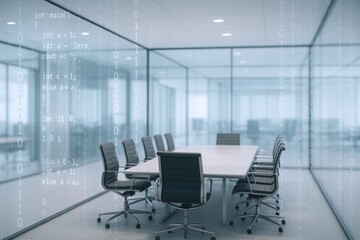 Modern Conference Room with Glass Walls and Digital Code Overlay, Emphasizing Technology and Innovation