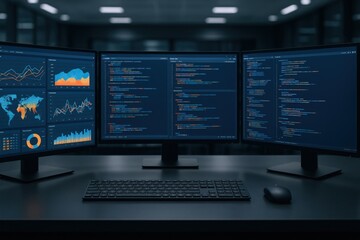 Workspace with multiple monitors displaying data analytics and code for business intelligence and cybersecurity solutions