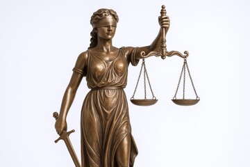 Bronze Themis Statue Holding Scales and Sword: Symbol of Justice and Law on White Background