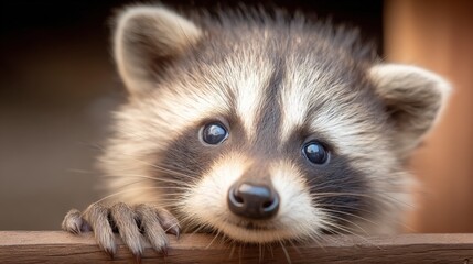 Adorable Baby Raccoon Portrait with Curious Eyes Looking Over Wood Ledge, Close-up Wildlife Photography