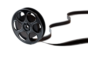 Film reel with movie strip.  A black film reel, with a visible, winding film strip, is set against a completely black background.  The reel is detailed and appears three-dimensional