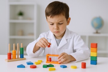Young Boy in Lab Coat Playing with Colorful Wooden Stacking Toys Enhancing Cognitive Skills