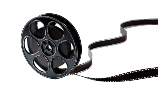 Film reel with movie strip.  A black film reel, with a visible, winding film strip, is set against a completely black background.  The reel is detailed and appears three-dimensional