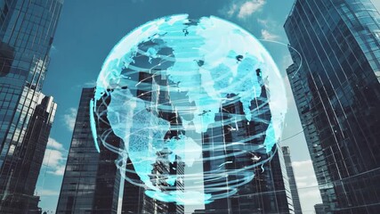 Dynamic global network visualization unfolds over modern city skyline, showcasing interconnectedness and technological advancement - Powered by Adobe