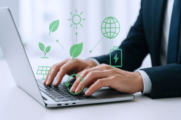 Sustainable Business Practices: Man Typing on Laptop with Green Energy Icons Overlayed, Concept for Ecology