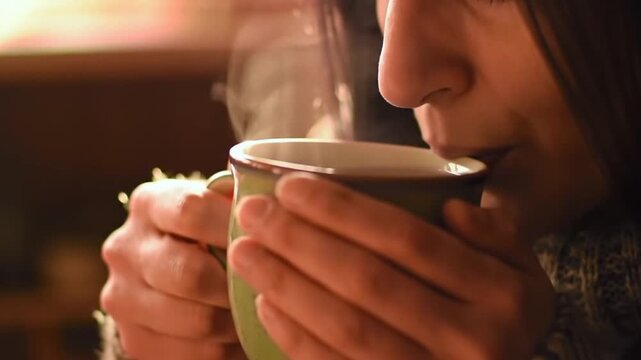 Woman sipping hot tea with steam rising, cozy indoor moment, comfort, and relaxation.