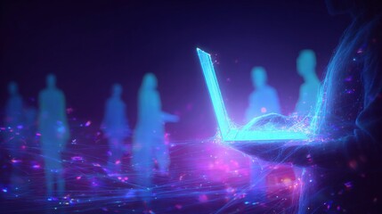 Futuristic Technology Concept: Glowing Laptop Display with Digital Figures and Particle Effects for Modern Business
