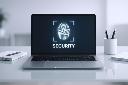 Laptop displaying fingerprint authentication for enhanced online security, protecting data with biometrics and identity verification.