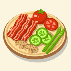 Bacon Grilled Healthy Vegetables vector flat illustration