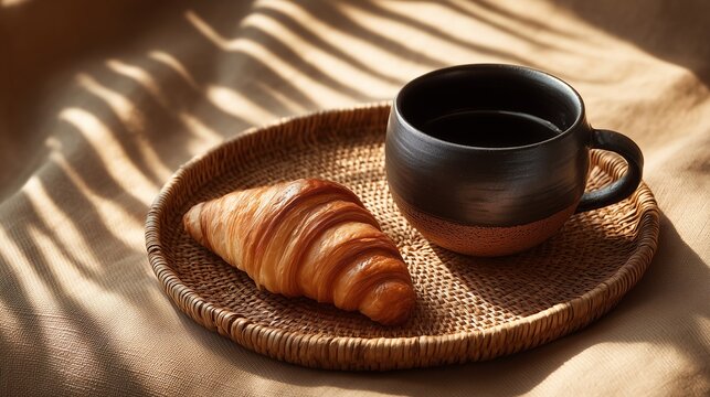Minimalist breakfast still life of croissant and coffee cup on rattan mat, empty space for text or logo