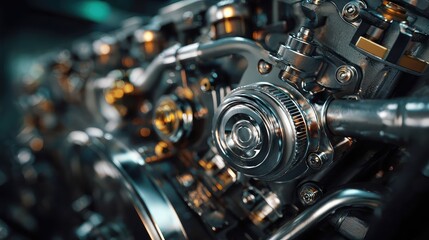 Fototapeta premium Close up of a shiny car engine with chrome and silver parts