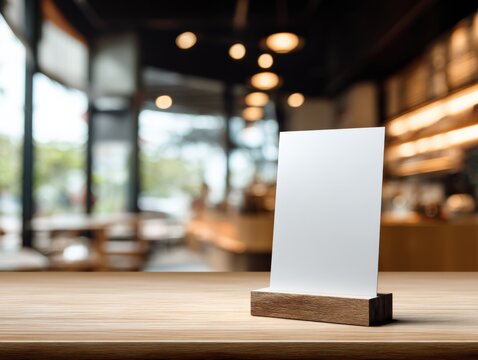 Blank Menu Mockup on Wooden Table in Restaurant or Coffee Shop Setting, Ready for Custom Text