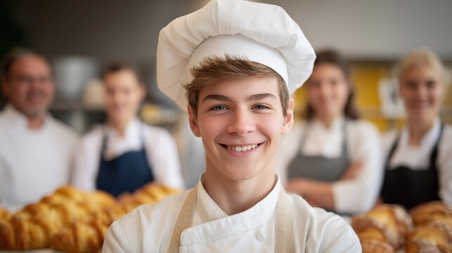 Smiling Baker in Commercial Kitchen with Team, Fresh Bread, and Cheerful Atmosphere in Bakery