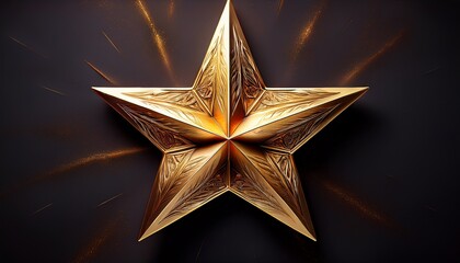 shiny golden five pointed star with textured and smooth surfaces on a dark black background evoking luxury and elegance
