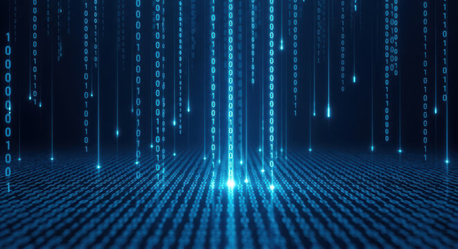 Digital rain of binary code symbolizing data flow and technological advancement