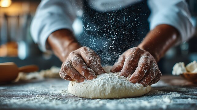 Soft-focus chef preparing dough in bright white kitchen, motion blur on hands for cooking tutorials