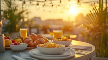 Vibrant Breakfast Spread on a Rooftop with Sunset Glow