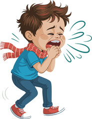 Cartoon boy crying loudly, emotional child, sad expression, upset kid, screaming tears, winter scarf, yelling boy, distress illustration.