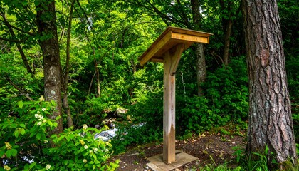 Wooden information stand in a lush forest