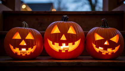 Three illuminated Halloween jack-o'-lanterns on outdoor steps  