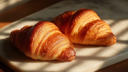 Two croissants on a marble table bathed in morning light for a minimalist comfort concept