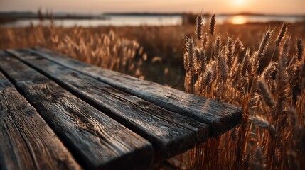 Wooden Table in Golden Wheat Field at Sunset, Empty for Product Placement and Branding in Natural Setting
