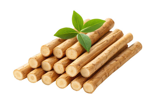 Pile of miswak sticks with green leaves isolated on transparent background