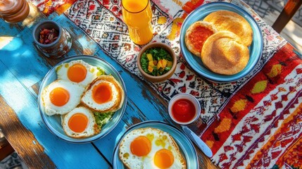 Vibrant Breakfast Table Spread with Delicious Eggs and Pancakes