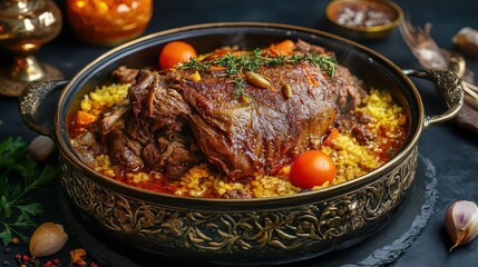 Fototapeta premium Savory slow-cooked lamb with spices and vegetables on rice dish