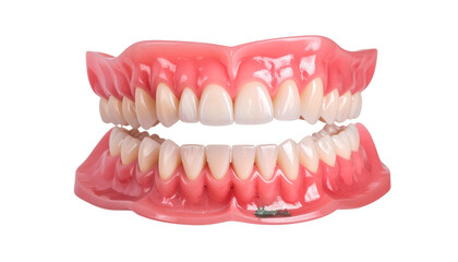 Obraz premium Full Dentures with teeth, gum and bone for preserves isolated on transparent png background, fake teeth in dentistry, medicine and prosthesis on the transparent background. PNG Format