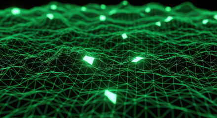 Abstract green glowing digital surface with connecting lines and scattered points on black
