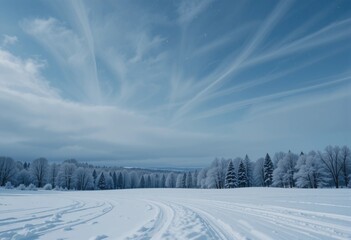 Fototapeta premium Winter forest landscape with snow covered trees and a cold snowy scene under a blue sky at sunset