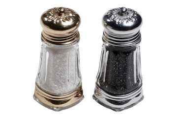 Two glass salt and pepper shakers, side-by-side, filled with contrasting contents.  The shakers have a  faceted, tapered shape and gold/silver colored metal lids