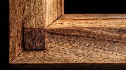 Close-up of a wooden frame corner, showcasing a mortise and tenon joint against a black backdrop