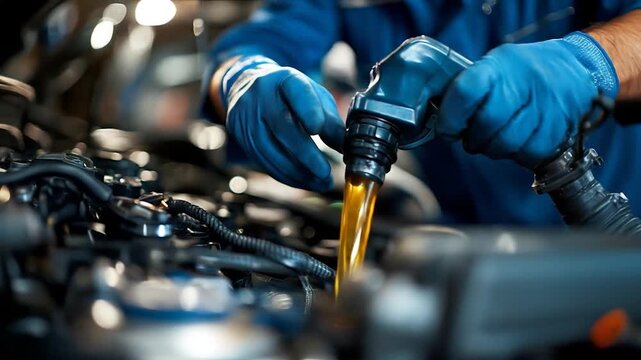 Mechanic adding oil with car engine.
