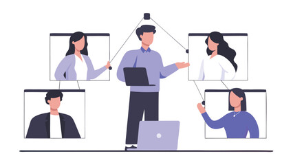 A man presenting to four people on a video call using a laptop and a connected overhead camera setup