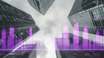 Dramatic upward view of modern skyscrapers with financial data overlay, representing growth, investment, and business success in a dynamic urban environment - Powered by Adobe